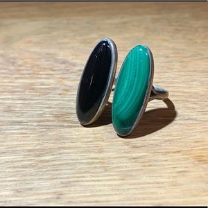 Sterling silver, malachite, obsidian ring